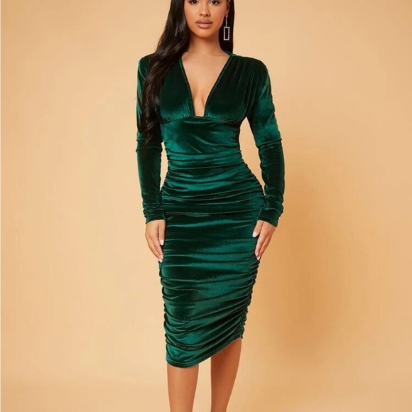 Sexy Deep V Neck Ruched Velvet Bodycon Dress womens midi party prom dress maxi - Picture 6 of 6